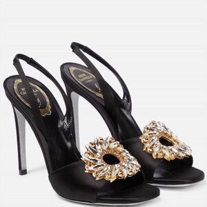 Rene Caovilla Black Heels with Gold Embellishment